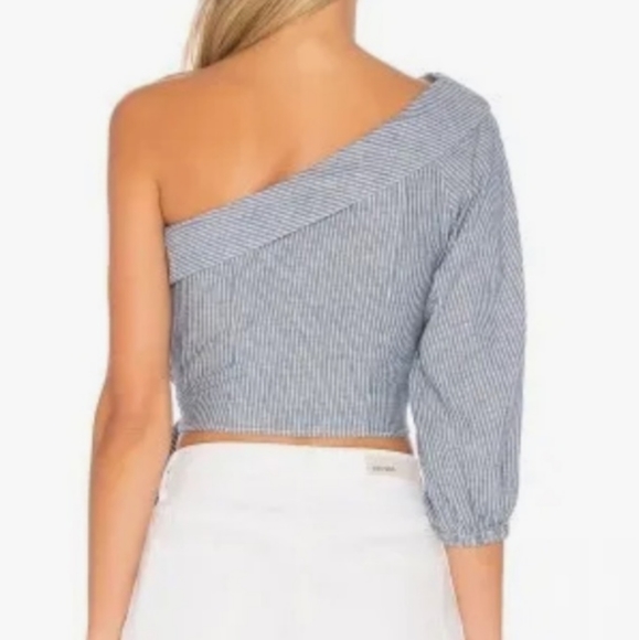 Free People One Shoulder Crop Top Waist Cotton Linen Stripe Blue White Small - Picture 4 of 13